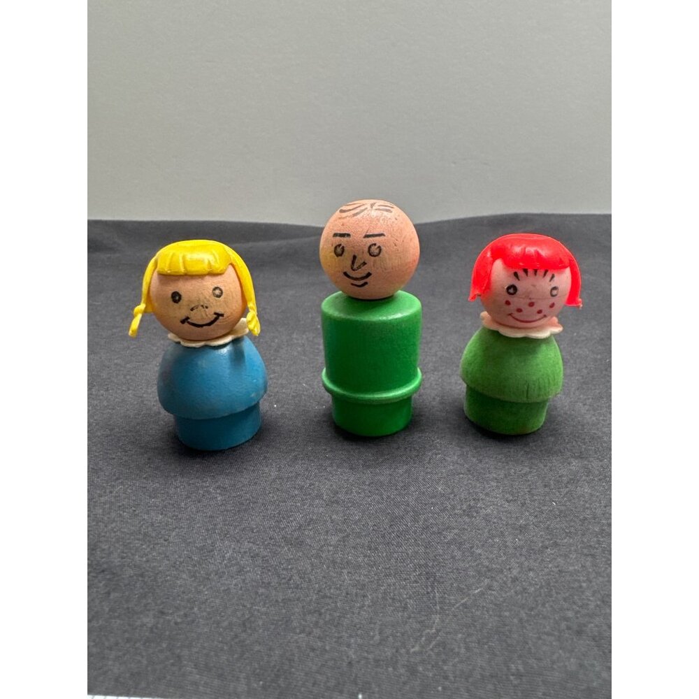 Vintage Fisher-Price Little People Set of 3 Wood Figures Boy Blonde Red Hair Gir